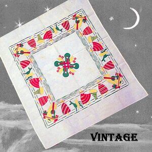 Vintage Table Topper Cover is Linen, Fun Kitschy Retro SMALL Tablecloth
